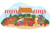 Organic food farm market vector illustration. Cartoon flat farmer seller character selling fresh harvest fruit and vegetable at street marketplace stall, people in local street fair isolated on white