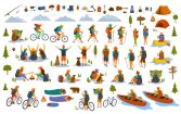 collection of hiking trekking people. young man woman couple hikers travel outdoors with mountain bikes kayaks camping, search locations on map, sightseeing discover nature graphic, isolated vector scenes set